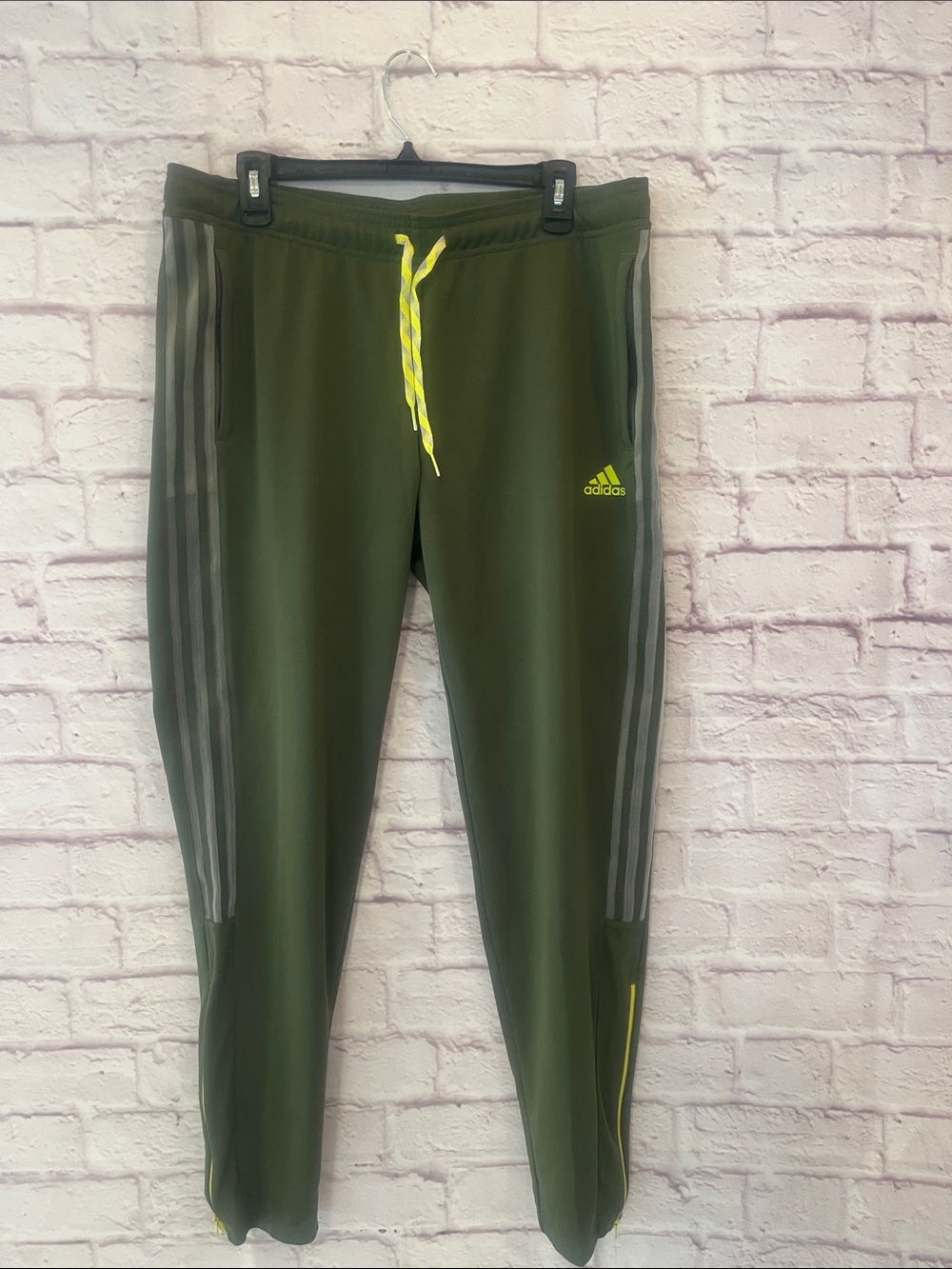 adidas Olive Green Track Pants with Neon Yellow Accents